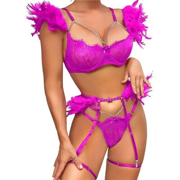 Chain Feather Lingerie, Eyelash Floral Lace, Underwire, Thong, 4 Pieces